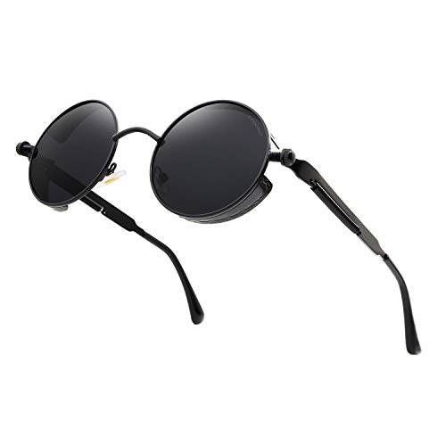 Leckirut Mujeres Hombres Gafas de sol redondas Retro Vintage Steampunk Estilo Espejo Reflectante Círculo Lente Negro Marco y Lente Gris