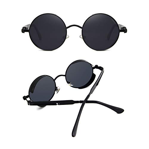 Leckirut Mujeres Hombres Gafas de sol redondas Retro Vintage Steampunk Estilo Espejo Reflectante Círculo Lente Negro Marco y Lente Gris