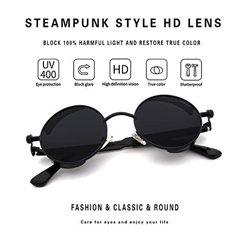 Leckirut Mujeres Hombres Gafas de sol redondas Retro Vintage Steampunk Estilo Espejo Reflectante Círculo Lente Negro Marco y Lente Gris