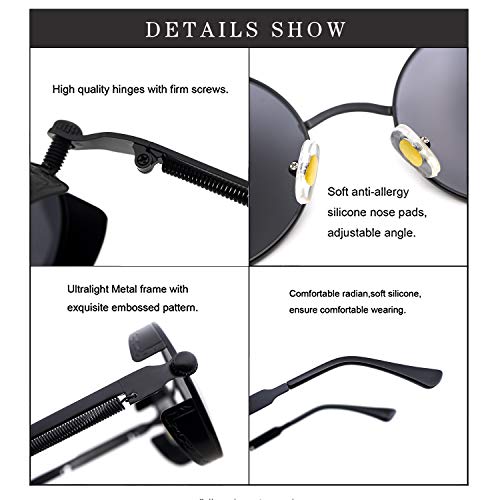 Leckirut Mujeres Hombres Gafas de sol redondas Retro Vintage Steampunk Estilo Espejo Reflectante Círculo Lente Negro Marco y Lente Gris