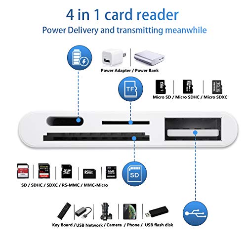 Lector de Tarjetas SD TF, Adaptador de Lector de Tarjetas 4 en 1 con Interfaz USB 2.0 Hembra OTG, Adaptador Para Cámara de Fotos Compatible con Phone 12/8/Pad(soporte iOS 14)-Blanco