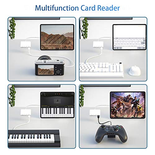 Lector de Tarjetas SD TF, Adaptador de Lector de Tarjetas 4 en 1 con Interfaz USB 2.0 Hembra OTG, Adaptador Para Cámara de Fotos Compatible con Phone 12/8/Pad(soporte iOS 14)-Blanco