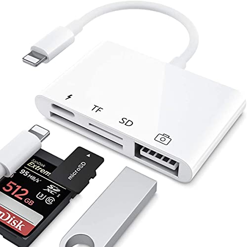 Lector de Tarjetas SD TF, Adaptador de Lector de Tarjetas 4 en 1 con Interfaz USB 2.0 Hembra OTG, Adaptador Para Cámara de Fotos Compatible con Phone 12/8/Pad(soporte iOS 14)-Blanco