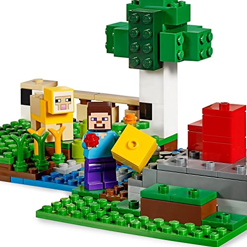LEGO 21153 Minecraft la Granja de Lana 21153, Kit de construcción con minifigura de Steve y Figuras de una Oveja roja, una Oveja Amarilla y un bebé Oveja