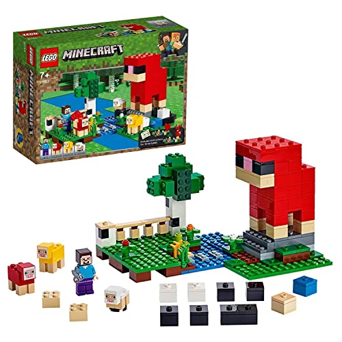 LEGO 21153 Minecraft la Granja de Lana 21153, Kit de construcción con minifigura de Steve y Figuras de una Oveja roja, una Oveja Amarilla y un bebé Oveja