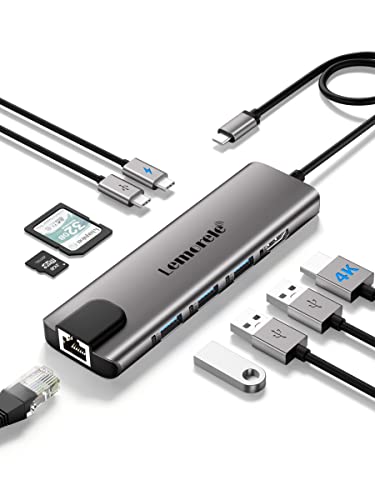 Lemorele Hub USB C con Ethernet RJ45 de 1000M -10 en 1, Aluminio Espacial Adaptador USB C Hub con HDMI 4K, 3 USB 3.0,PD 100W, SD/TF, Dato USB-C a MacBook Air/Pro M1, iPad M1,Windows,Switch, Chromecast