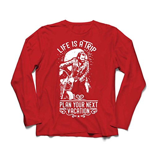 lepni.me Camiseta de Manga Larga para Hombre la Vida es un Viaje - Ideas de Regalos para Moteros, diseño gráfico de Bicicletas Vintage, amar Las Motocicletas (Medium Rojo Multicolor)