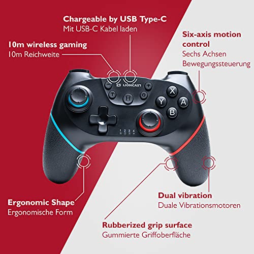 Lioncast Mando Inalámbrico - Compatible con Nintendo Switch, Vibración Dual Rumble, Control de Movimiento de 6 Ejes, Agarre de Goma - Alcance de 10 metros, 15 Horas de Juego - Accesorios para Juegos