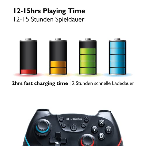 Lioncast Mando Inalámbrico - Compatible con Nintendo Switch, Vibración Dual Rumble, Control de Movimiento de 6 Ejes, Agarre de Goma - Alcance de 10 metros, 15 Horas de Juego - Accesorios para Juegos