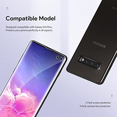 LϟK 5 Pack Protector de Pantalla para Samsung Galaxy S10 Plus S10+ con 2 Pack HD Película de TPU y 3 Pack Protector de Lente de Cámara - Negro - Sin Burbujas Huella Digital Ultrasónica