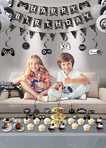 LSJDEER Suministros para Fiestas de Videojuegos, 3 pancartas y Banderas de Feliz cumpleaños con temática de Juegos, 1 Mantel, 6 espirales Colgantes, 10 Adornos para Tartas, 19 Globos con temática de