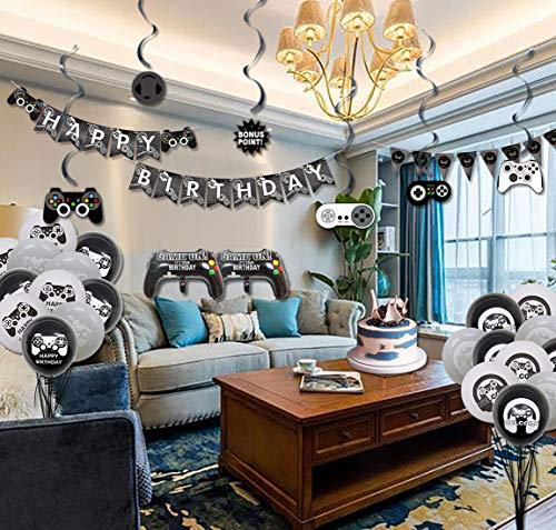 LSJDEER Suministros para Fiestas de Videojuegos, 3 pancartas y Banderas de Feliz cumpleaños con temática de Juegos, 1 Mantel, 6 espirales Colgantes, 10 Adornos para Tartas, 19 Globos con temática de