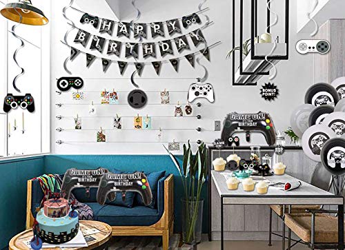 LSJDEER Suministros para Fiestas de Videojuegos, 3 pancartas y Banderas de Feliz cumpleaños con temática de Juegos, 1 Mantel, 6 espirales Colgantes, 10 Adornos para Tartas, 19 Globos con temática de