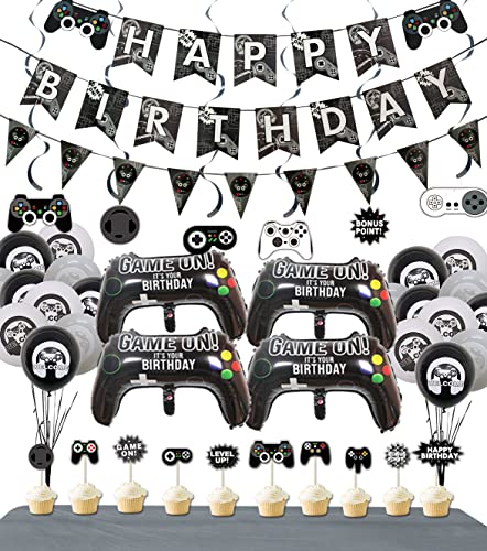 LSJDEER Suministros para Fiestas de Videojuegos, 3 pancartas y Banderas de Feliz cumpleaños con temática de Juegos, 1 Mantel, 6 espirales Colgantes, 10 Adornos para Tartas, 19 Globos con temática de