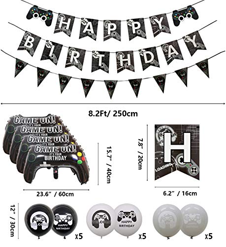 LSJDEER Suministros para Fiestas de Videojuegos, 3 pancartas y Banderas de Feliz cumpleaños con temática de Juegos, 1 Mantel, 6 espirales Colgantes, 10 Adornos para Tartas, 19 Globos con temática de