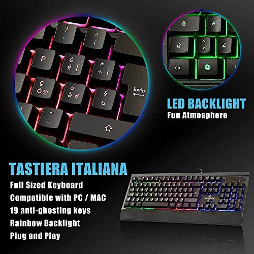 LYCANDER - Teclado Gaming Italiano con cable USB (1.8m), 19 teclas anti-ghosting, retroiluminación LED arcoíris