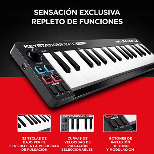 M-Audio Keystation Mini 32 MK3 - Mini Teclado Controlador MIDI / USB de 32 teclas Ultra portátil con ProTools First, M-Audio Edition y Xpand!2 de AIR Music Tech