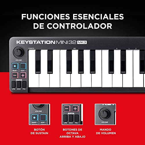 M-Audio Keystation Mini 32 MK3 - Mini Teclado Controlador MIDI / USB de 32 teclas Ultra portátil con ProTools First, M-Audio Edition y Xpand!2 de AIR Music Tech