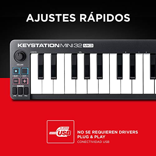 M-Audio Keystation Mini 32 MK3 - Mini Teclado Controlador MIDI / USB de 32 teclas Ultra portátil con ProTools First, M-Audio Edition y Xpand!2 de AIR Music Tech