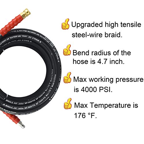 M MINGLE Pressure Washer Hose 50 Feet X 3/8 Inch, High Tensile Wire Braided, with 2 Quick Connect Kits, Compatible M22 14mm and M22 15mm, 4000 PSI