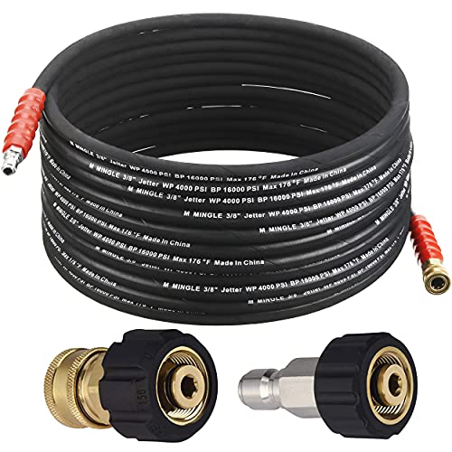 M MINGLE Pressure Washer Hose 50 Feet X 3/8 Inch, High Tensile Wire Braided, with 2 Quick Connect Kits, Compatible M22 14mm and M22 15mm, 4000 PSI