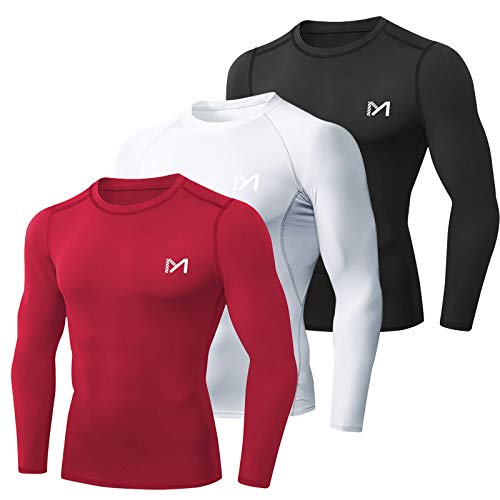 MEETYOO Camiseta Compresion Hombre, Ropa Deportiva Manga Larga Base Layers para Running Gym Ciclismo (Negro + Blanco + Rojo, M)