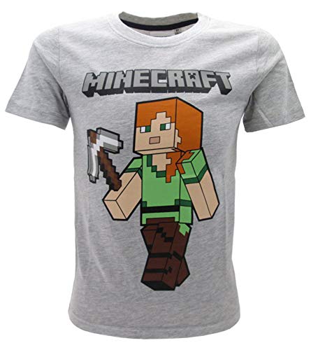 Minecraft Global Brands Group Camiseta T-Shirt Gris Alex con Piqueta Martillo del Videojuego Original Oficial (12 Años)