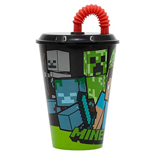 MINECRAFT | Vaso Reutilizable con Tapa y Pajita para niños| Vaso infantil de plástico - 430 ml- sin BPA