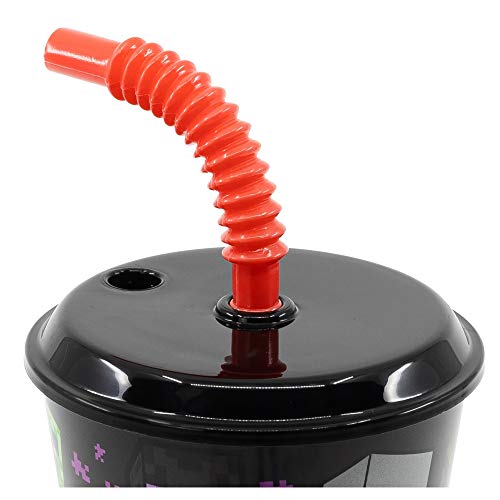 MINECRAFT | Vaso Reutilizable con Tapa y Pajita para niños| Vaso infantil de plástico - 430 ml- sin BPA