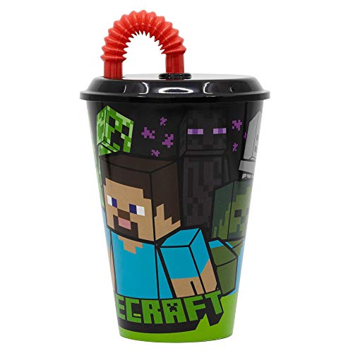 MINECRAFT | Vaso Reutilizable con Tapa y Pajita para niños| Vaso infantil de plástico - 430 ml- sin BPA