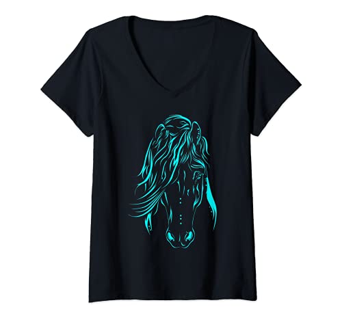 Mujer Cabello Emo Caballo Azul Camiseta Cuello V