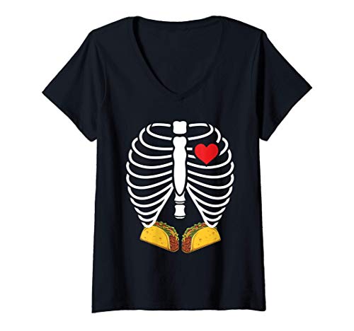 Mujer Disfraz de Halloween Taco Esqueleto de rayos X Camiseta Cuello V
