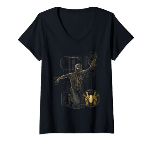 Mujer Marvel Spider-Man: No Way Home Black and Gold Suit in Action Camiseta Cuello V