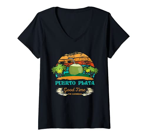 Mujer Puerto Plata República Dominicana Viajes Retro Diseño de recuerdo Camiseta Cuello V