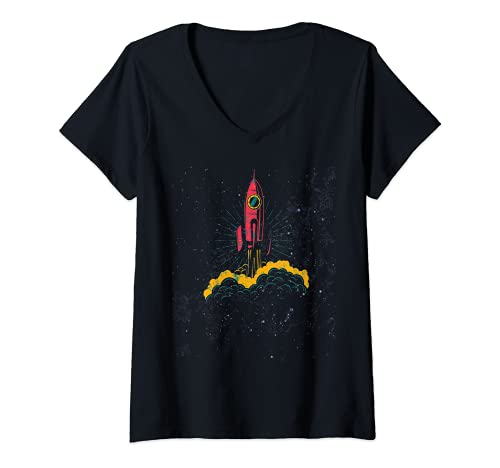 Mujer SciFi Steampunk Rocket to Sky at Night with Retro Space Ship Camiseta Cuello V