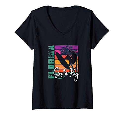 Mujer Siesta Key Florida Retro Beach Surfing Vacation Souvenir Camiseta Cuello V