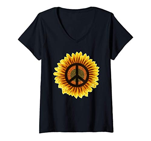 Mujer Signo de paz de girasol de 1960, 70, flor hippie retro Camiseta Cuello V