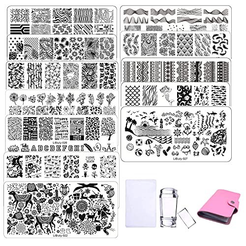 Nail Art Stamping Plates 12pcs Placas Estampacion Uñas para Manicura +1pcs Sello de Silicona +1 pcs Rascador +1 pcs Bolsa para Placas(Rosa)