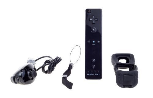 Negro Nintendo Wii mando Motion Plus paquete con Nunchuk, funda de silicona, correa de muñeca