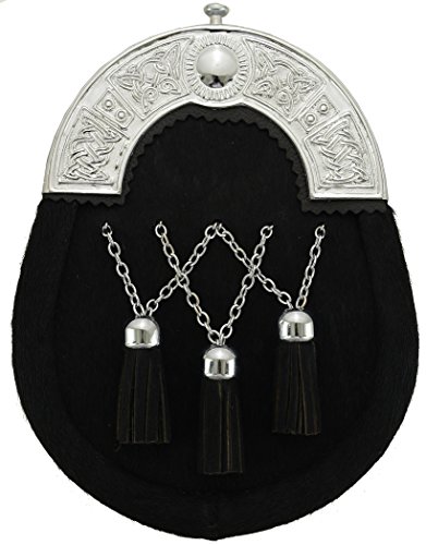 Negro Vestido Completo Latón Cantle Sporan Scottish Highland Cartera de Cuero