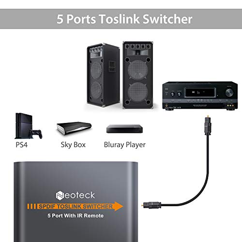 Neoteck SPDIF Toslink Switcher 5 Puertos 5x1 Toslink Digital Optical Audio Switch con IR Control Remoto Soporta LPCM2.0 Dolby-A3 DTS para PS3 PS4 Xbox a AV Amplificador