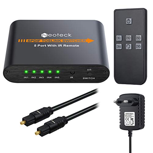 Neoteck SPDIF Toslink Switcher 5 Puertos 5x1 Toslink Digital Optical Audio Switch con IR Control Remoto Soporta LPCM2.0 Dolby-A3 DTS para PS3 PS4 Xbox a AV Amplificador