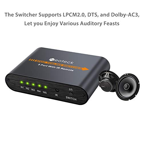 Neoteck SPDIF Toslink Switcher 5 Puertos 5x1 Toslink Digital Optical Audio Switch con IR Control Remoto Soporta LPCM2.0 Dolby-A3 DTS para PS3 PS4 Xbox a AV Amplificador