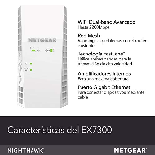 NETGEAR EX7300-100PES - Repetidor WiFi, Amplificador WiFi Mesh AC2200 Dual Band, compatible con módems de fibra y adsl