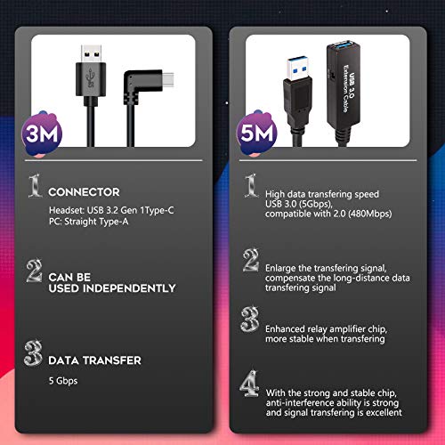 NEWZEROL 1 Set Cable de Datos USB Estable Total de 8M/26Ft para Oculus Quest/Quest 2 Link, Cable de extensión (5M) con Chip Amplificador de relé y Cable USB 3.2 Gen 1 de Tipo A a C (3M) (Solo Cable)