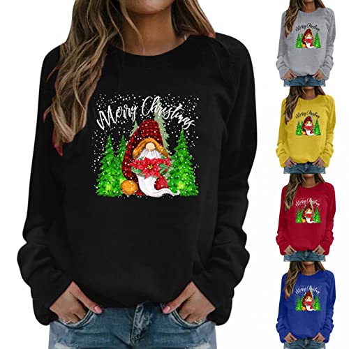 NHNKB Camiseta de manga larga para mujer, de Navidad, cuello redondo, a rayas, informal, básica, blusa