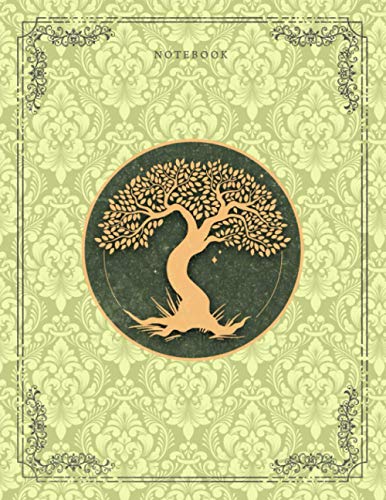 Notebook Golden Hand Drawn Tree Life Luxury Key Lime Background Cover Lined Journal: Large 8.5x11 inches (21.59 x 27.94 cm), A4 Size - 110 Pages