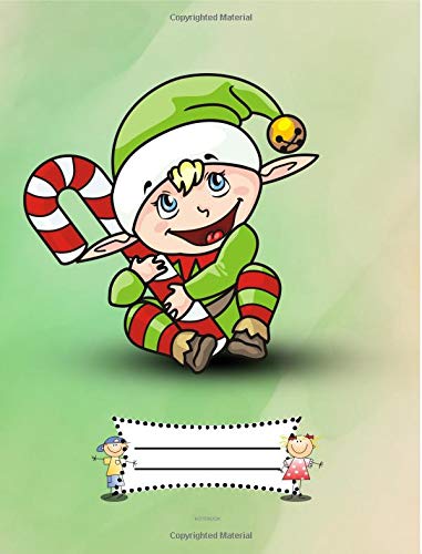 Notebook: Kawaii Baby Green Elf Hugging White and Red Candy Cane, Composition Wide Ruled 7.5 x 9.25 inches, 110 pages, back to school writing pad for ... (Gift, Office Supply, Journal, Writing Books)