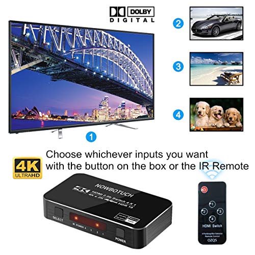 NOWBOTUCH 4x1 Divisor de Interruptor HDMI 4 Puertos 4Kx2K 60Hz 1080P, conmutador 3D HDMI 2.0 Selector HDMI 4 en 1 Salida con Control Remoto inalámbrico IR Compatible para PS3/PS4, Xbox 360/One, HDTV