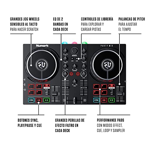 Numark Party Mix II - Controladora DJ, mesa de mezclas con luces integradas y mezclador DJ para Serato DJ Lite y Algoriddim djay Pro AI